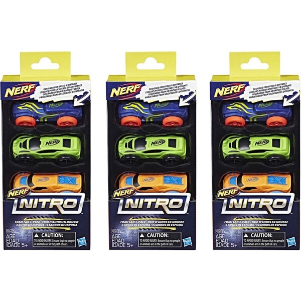 3x 3pc NERF Nitro Foam Car Vehicle Kids/Children 5y+ Play Toys Assorted Colour