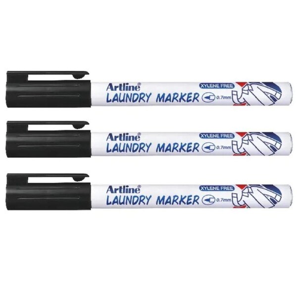 3pc Artline 750 Laundry/Linen/Clothing/Fabric Bullet Nib 0.7mm Line Marker Black