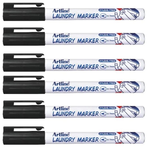 6pc Artline 750 Laundry/Linen/Clothing/Fabric Bullet Nib 0.7mm Line Marker Black