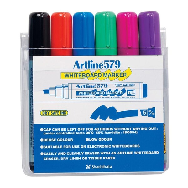 6pc Artline 579 5mm Chisel Nib Office Whiteboard Marker Assorted Colours Wallet