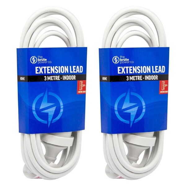2PK The Brute Power Co 3m Extension Lead/Cord Cable AU/NZ 2400W 240V Plug White