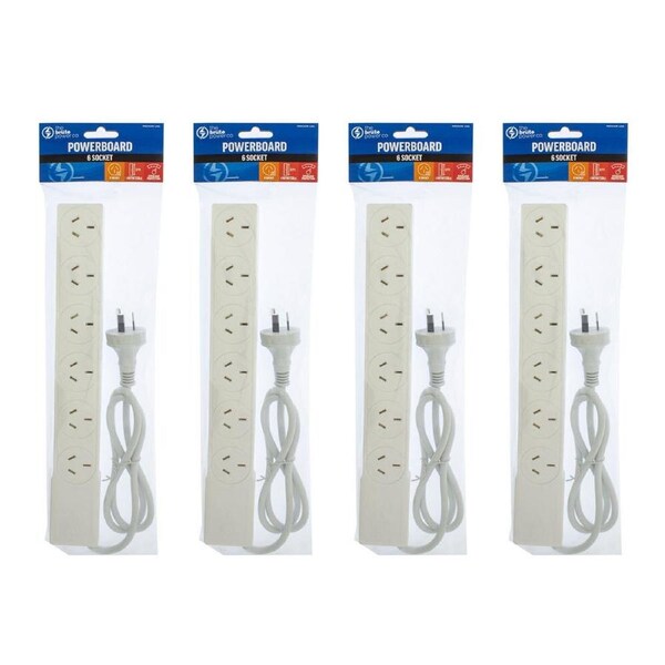 4PK The Brute Power Co Board 6 way 1m Cord/Cable Socket 10A Outlet/Strip White