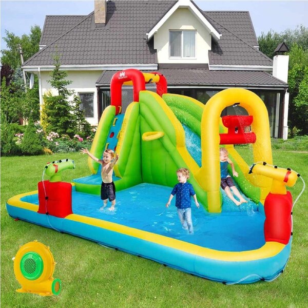 Costway Inflatable Water Slide Jumping Castle Bouncer House Splash Pool Toy Outdoor Playground with Double Water Cannon w/Blower