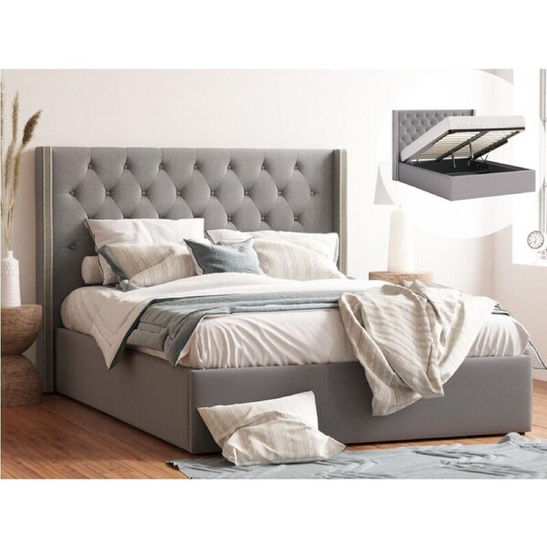 Giselle Gas Lift Storage Wing Bed Frame with Studs in King, Queen & Double Size (Grey Fabric) King / Grey