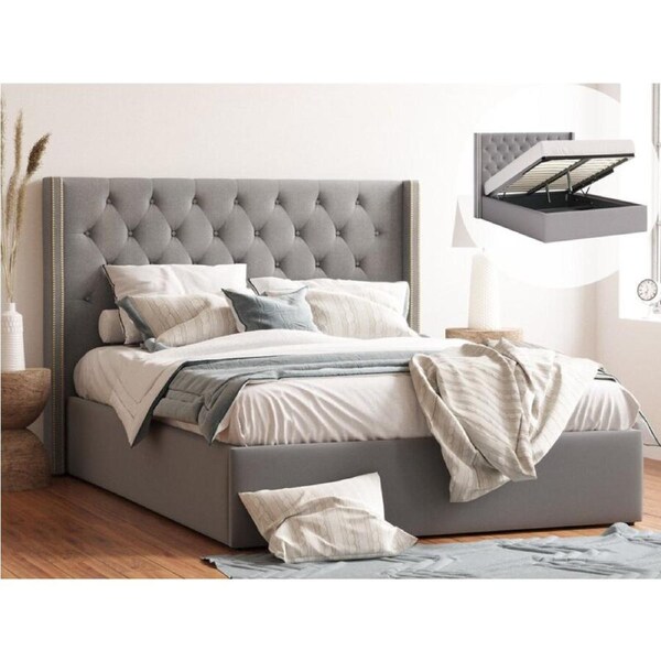 Giselle Gas Lift Storage Wing Bed Frame with Studs in King, Queen & Double Size (Grey Fabric) Queen / Grey