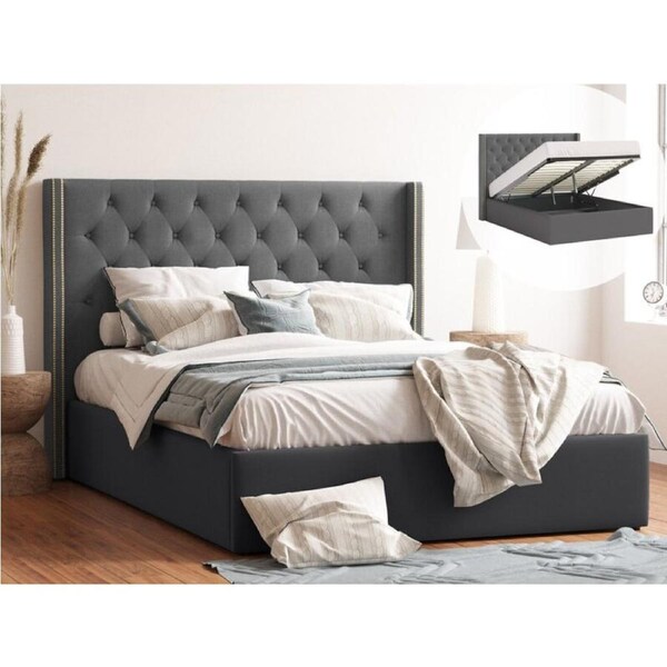 Giselle Gas Lift Storage Wing Bed Frame with Studs in King, Queen & Double Size (Charcoal Fabric) Double / Charcoal