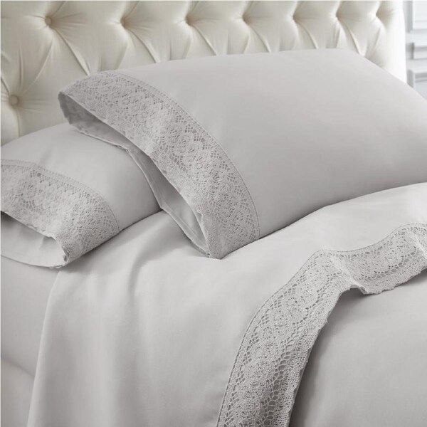 1500TC Elegant Crochet-Lace Ultrasoft Sheet Set Queen / ROSE PINK LACE WHITE FABRIC