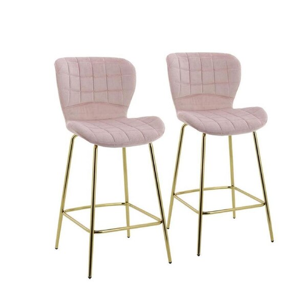 Capella Bar Stool (Set of 2) - Pink Velvet Fabric Golden Legs