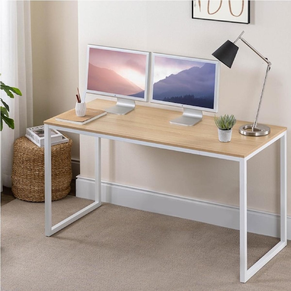 Zinus Computer Desk 140cm Home Office Study Desk Laptop Computer Table Wood Metal White