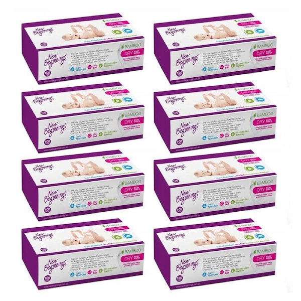 8PK 100pc New Beginnings 20x19cm Bamboo Dry Baby Wipes Fragrance Free Tissue