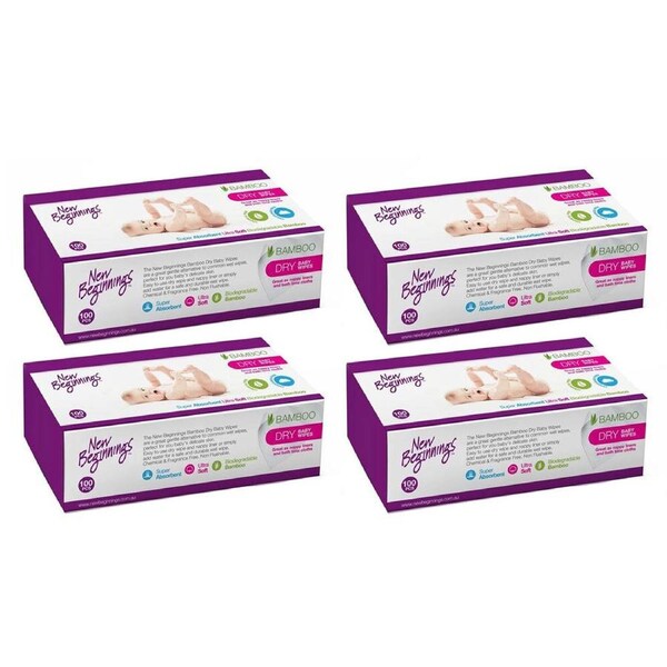 4PK 100pc New Beginnings 20x19cm Bamboo Dry Baby Wipes Fragrance Free Tissue