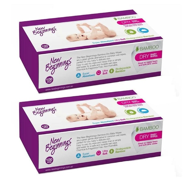 2PK 100pc New Beginnings 20x19cm Bamboo Dry Baby Wipes Fragrance Free Tissue