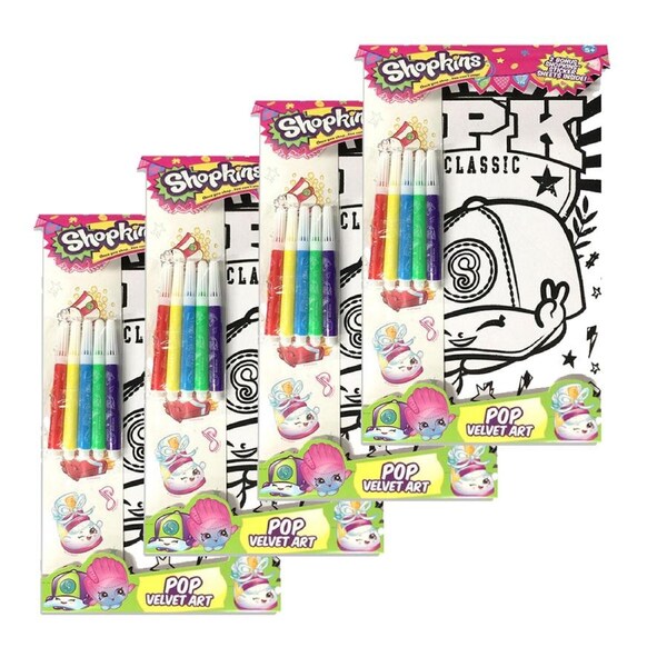 4x Shopkins Pop Velvet Art Kids Craft Kit Colouring Sheet w/Markers/Stickers 5y+