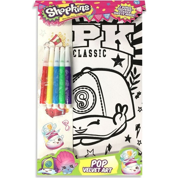 Shopkins Pop Velvet Art Kids Craft Kit Colouring Sheet w/Markers/Stickers 5y+