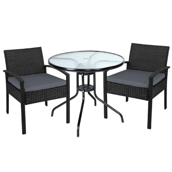 Gardeon Outdoor Furniture Dining Chairs Wicker Garden Patio Cushion Black 3PCS Sofa Set Tea Coffee Cafe Bar Set