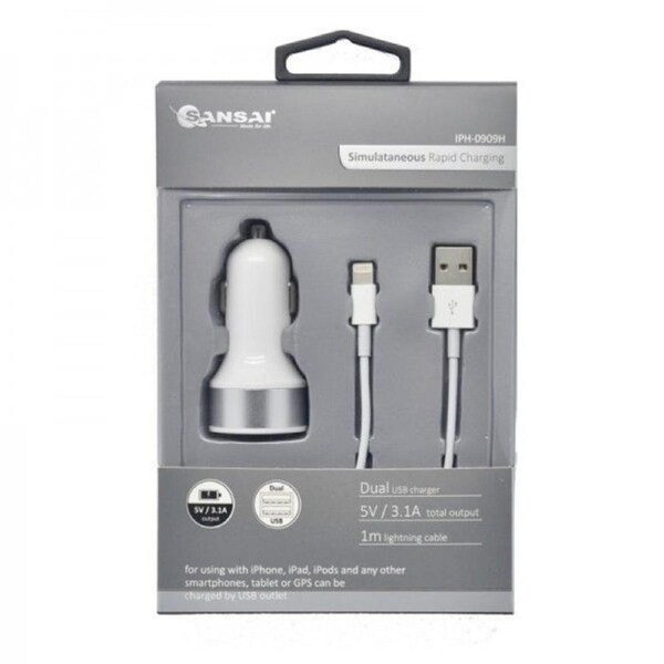 Sansai 2USB Port Car Charger 5V 3.1A with Lightning Connector Cable 1.2m