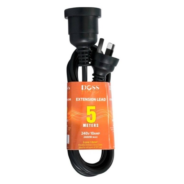 Doss Power Extension Lead Cable with Fully Moulded 3 Pin Plug & Socket 5m Black