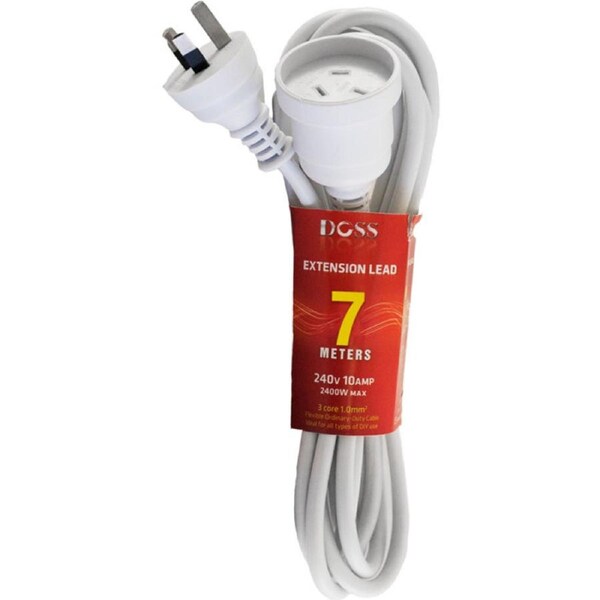 Doss 7M White Power Extension Lead with Fully Moulded 3 Pin Plug and Socket