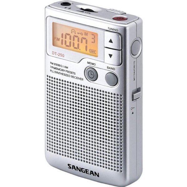 SANGEAN DT-250 AM FM Stereo Pocket Radio with Speaker Earphones Beltclip