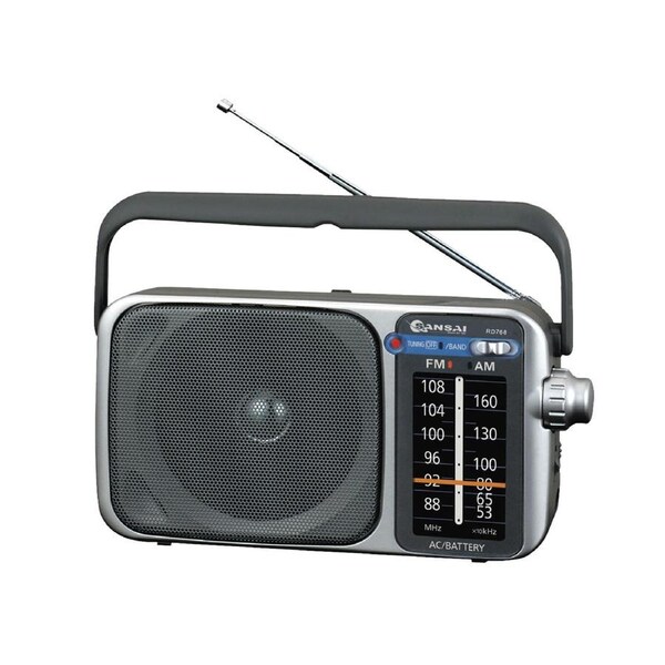 Sansai AM FM Silver Portable Radio Speaker Earphone Plug Jackon AC Power DC