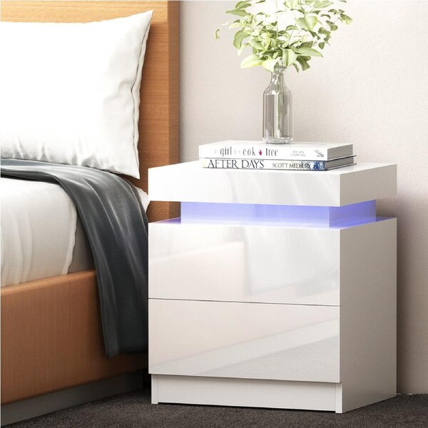 Artiss Bedside Table LED 2 Drawers White