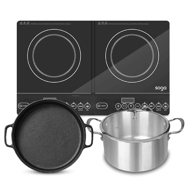 SOGA Dual Burners Cooktop Stove 30cm Cast Iron Frying Pan Skillet and 30cm Induction Casserole