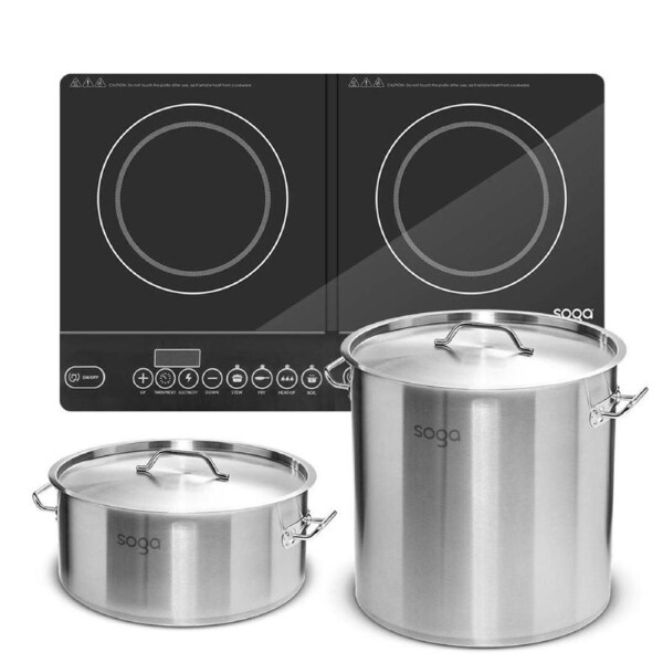 SOGA Dual Burners Cooktop Stove 21L and 17L Stainless Steel Stockpot Top Grade Stock Pot