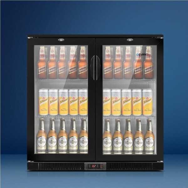 Devanti 198L Bar Fridge Dual Glass Door w/Light Black