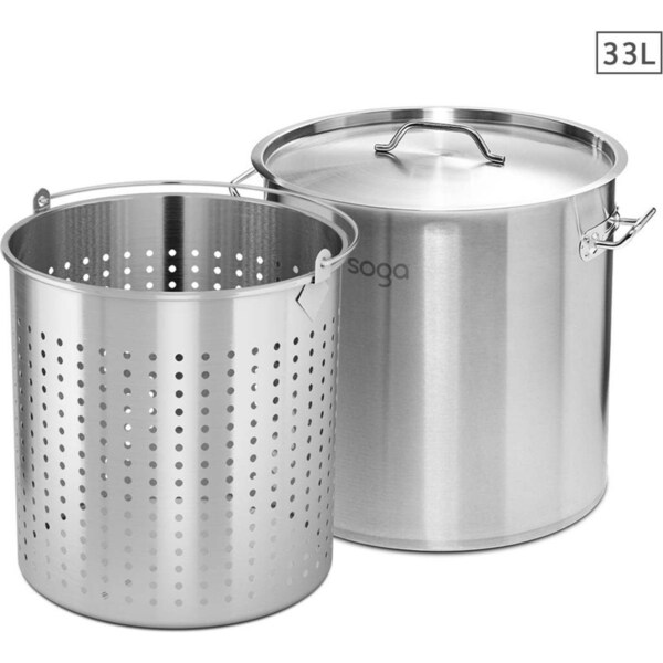 SOGA 33L 18/10 Stainless Steel Stockpot with Perforated Stock pot Basket Pasta Strainer
