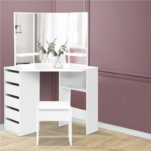Artiss Dressing Table Stool Set 5 Drawers Makeup Mirror Vanity Desk - White