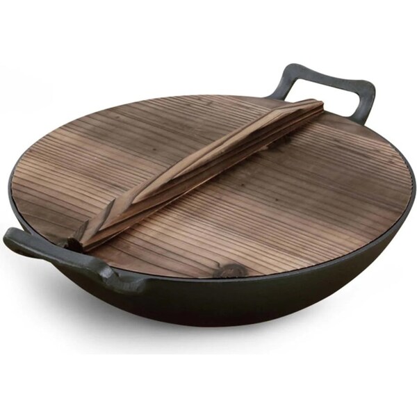 SOGA 36CM Commercial Cast Iron Wok FryPan with Wooden Lid Fry Pan