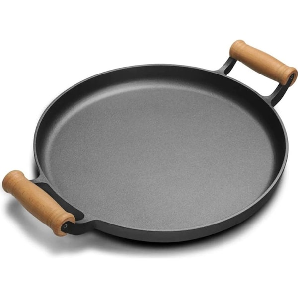 SOGA 35cm Cast Iron Frying Pan Skillet Steak Sizzle Fry Platter With Wooden Handle No Lid