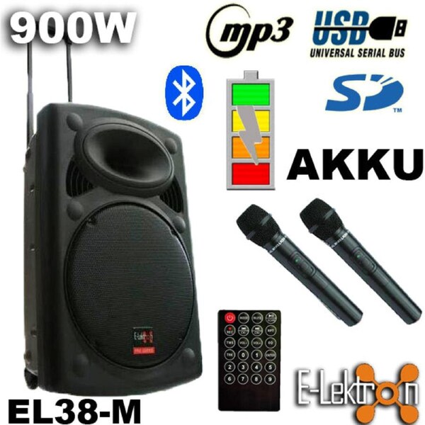 E-lektron EL38-M 15-Inch Portable Speaker 900W PA Sound System Battery Bluetooth 2 Wireless Microphones Karaoke Party