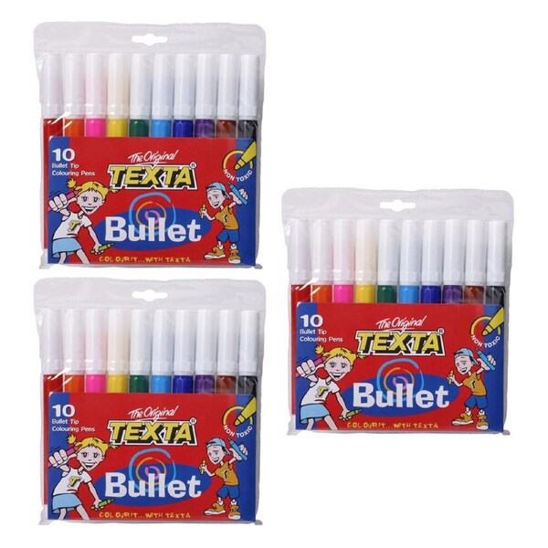 3x 10pc Texta Bullet Tip Colouring Pens Drawing Art Marker Water Based f/ Kids