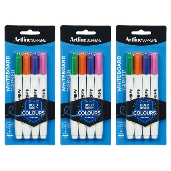 3x 4pc Artline Supreme Whiteboard Markers Water Based Pen Assorted Bright Colour