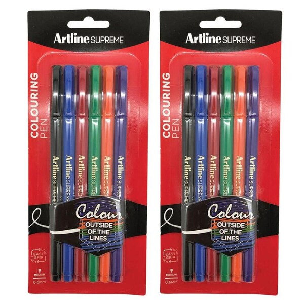 2x 6pc Artline Supreme 0.6mm Colouring/Draw Pens School/Office Assorted Colours