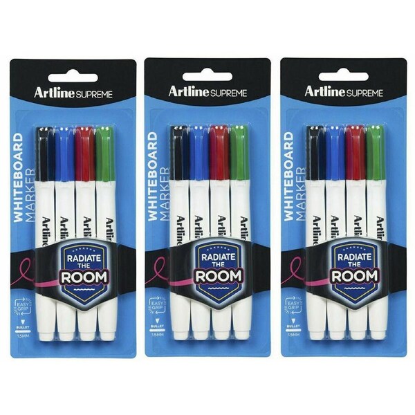 3x 4pc Artline Supreme Whiteboard Markers Writing Pens Assorted Standard Colours