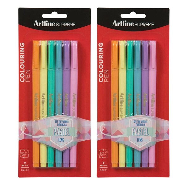 2x 6pc Artline Supreme 0.6mm Fine Point Pens Art/Crafts Assorted Pastel Colours