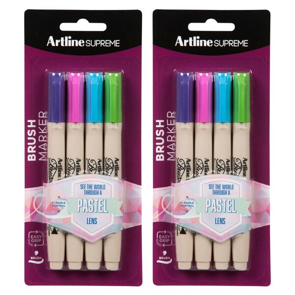 2x 4pc Artline Supreme Brush Markers Crafts School Pen Assorted Pastel Colours