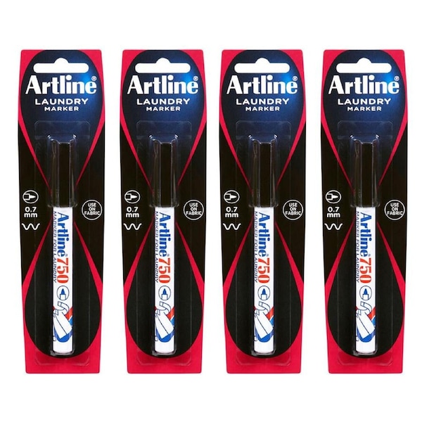 4x Artline 0.7mm Bullet Nib Laundry Marker Cloth/Linen/Fabric Clothing Pen Black