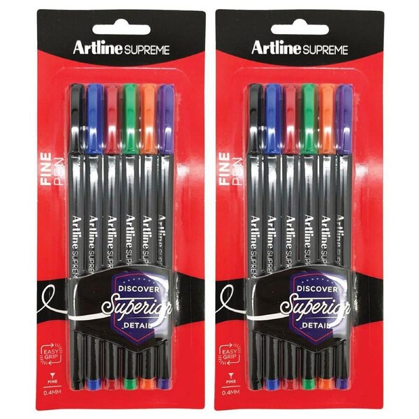 2x 6pc Artline Supreme 0.4mm Fine Pens Writing/Crafts School Assorted Colours