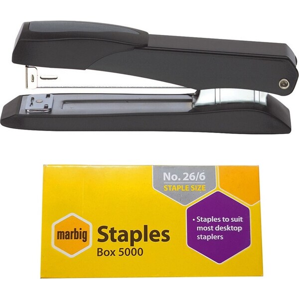Marbig 20 Sheets Full Strip Metal Stapler & 26/6 Staples Paper Binder Combo BLK