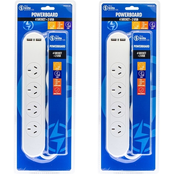 2x The Brute Power Co 4 Sockets/2 USB Ports 1m Cord/Cable 10A Power Board/Outlet