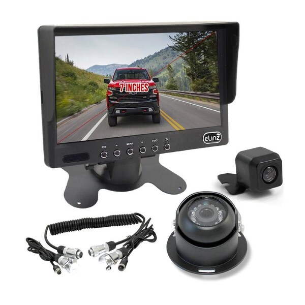Elinz Caravan 2x Camera Reversing 4PIN CCD Kit System Trailer Cable 7" Monitor HD 12V/24V Black