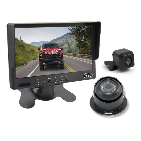Elinz Caravan Two Camera Reversing 4PIN CCD Kit System 7" Monitor HD 12V/24V Black