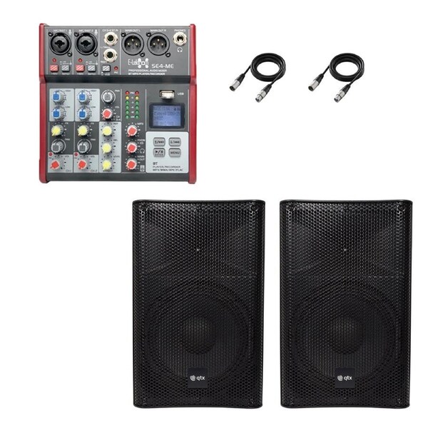 QTX Quest 15QMS 1760W Active PA Speaker Stereo Pair Bundle - Bluetooth 4-Channel Audio Mixer & 2x XLR Cables