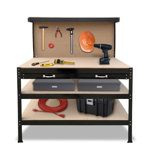 3-layer Steel Work Bench Garage Storage Table Tool Shop Shelf Pegboard Drawer