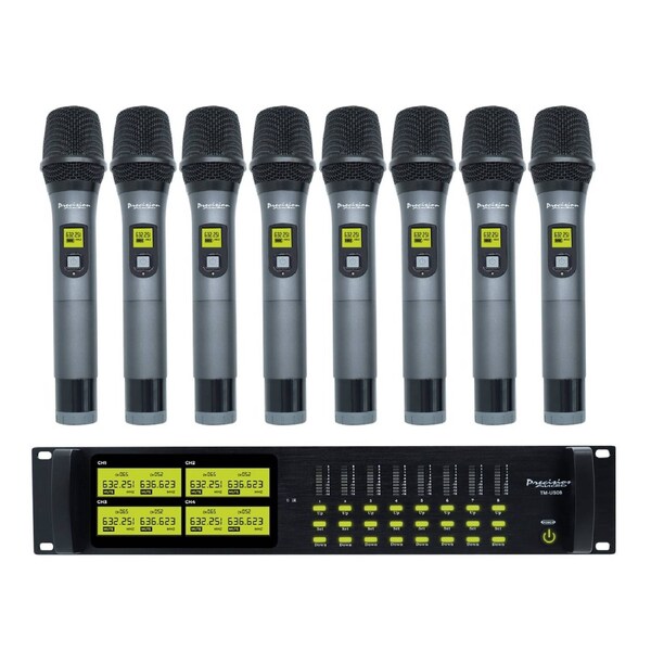 Precision Audio 8 Channel UHF Wireless Microphone System Rack Mount LCD Display