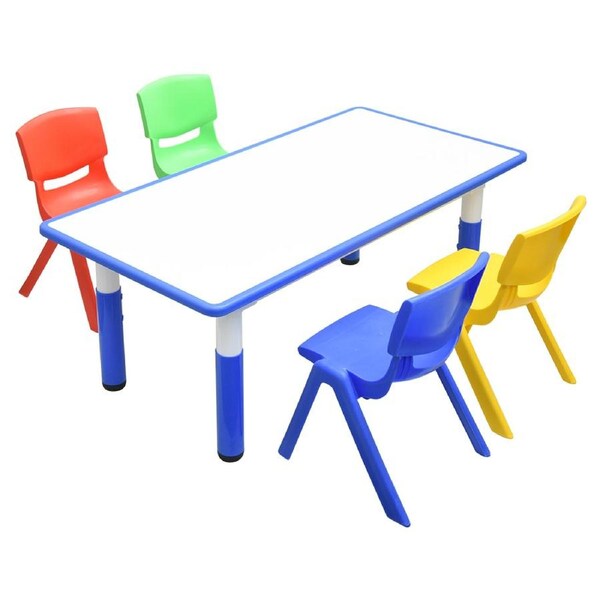 120x60cm Kids Blue Height-adjustable Whiteboard Drawing Table & 4 Mixed Chairs Set