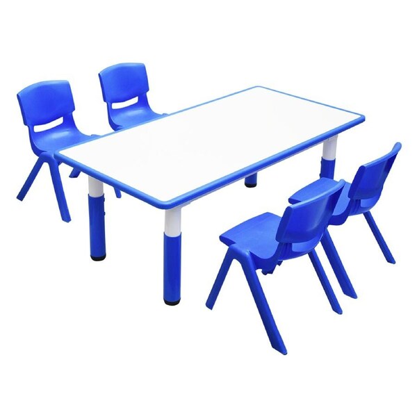 120x60cm Kids Blue Height-adjustable Whiteboard Drawing Table & 4 Blue Chairs Set